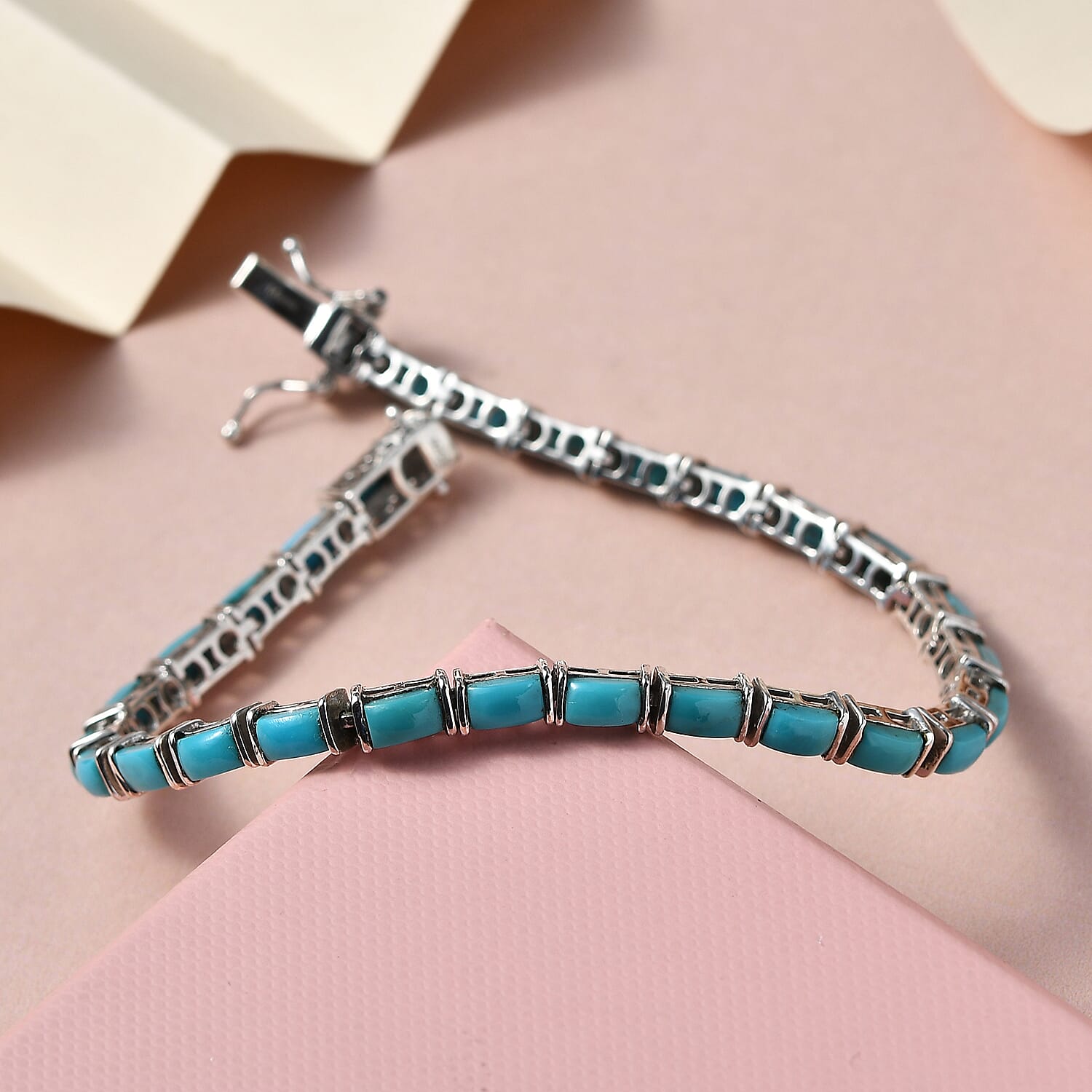 Arizona Sleeping Beauty Turquoise Bracelet (Size - 7.5) in Platinum Overlay Sterling Silver 9.58 Ct, Silver Wt 9.90 Gms.