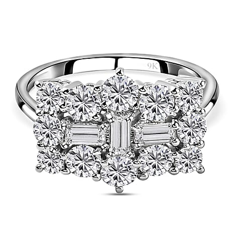 9K White Gold Fine Quality Moissanite Cluster Ring 1.92 Ct