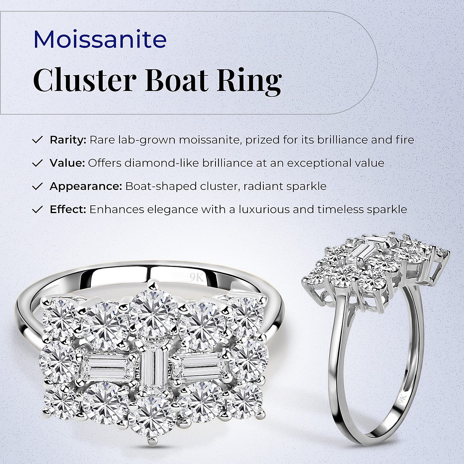 9K Gold 1.98 Ct Moissanite Cluster Boat Ring