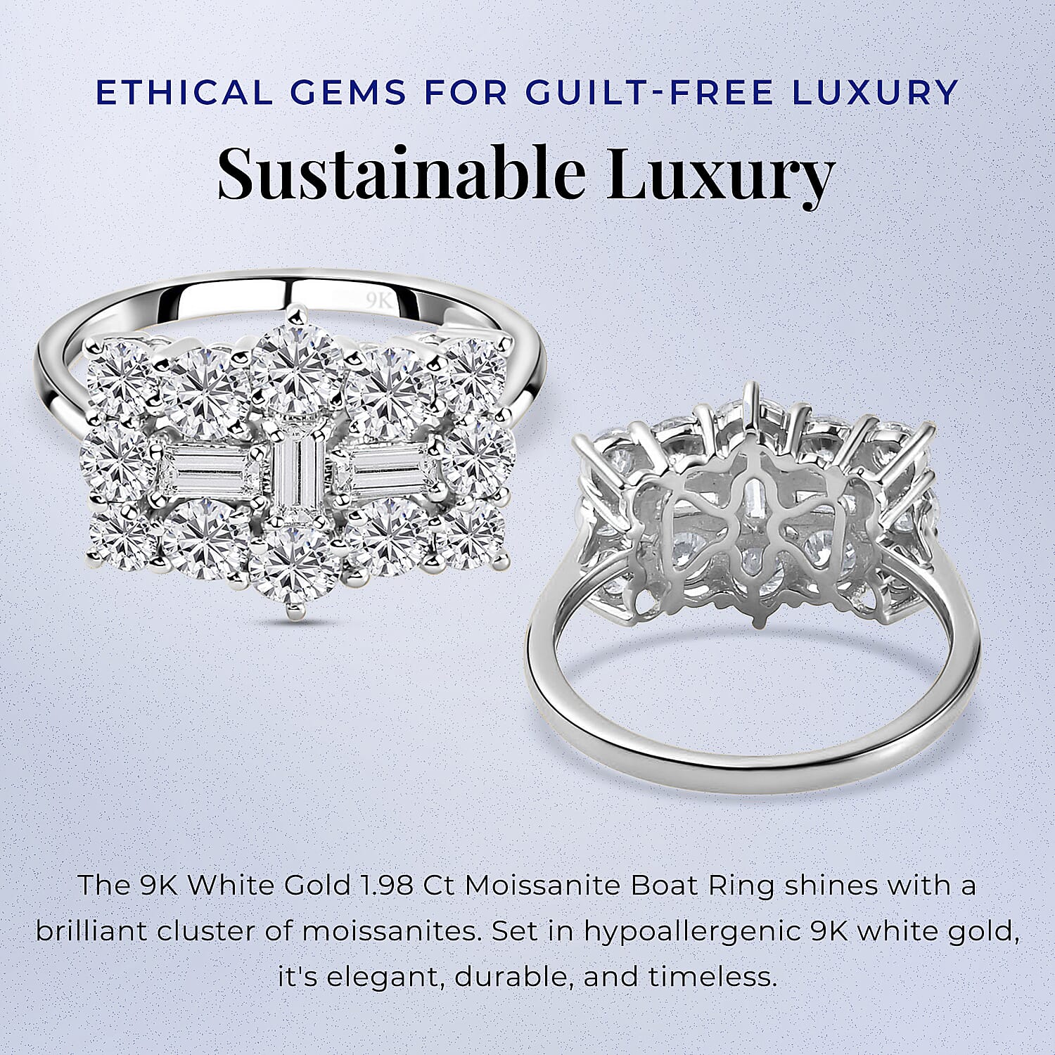 9K Gold 1.98 Ct Moissanite Cluster Boat Ring