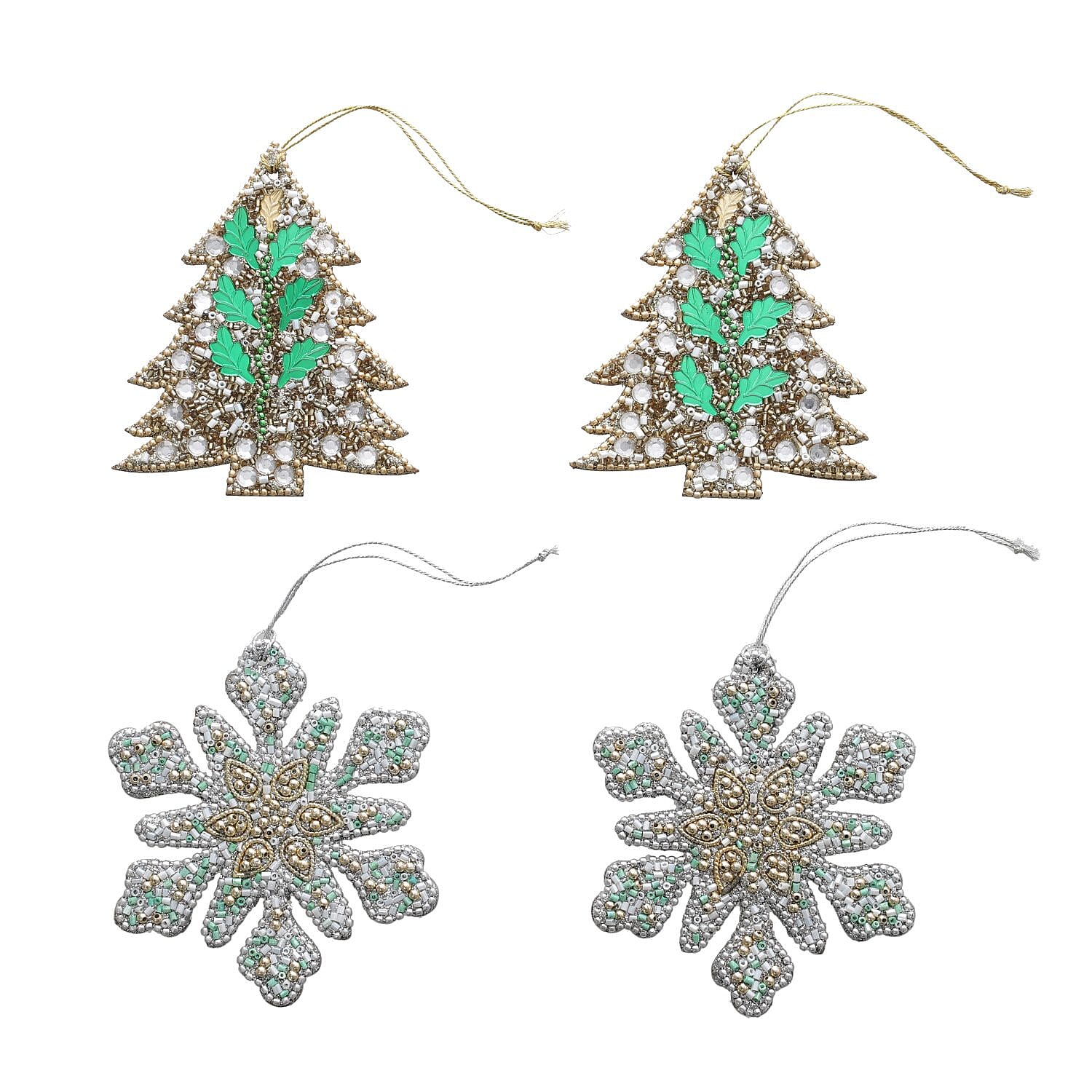 Set of 4 - Hanging Pair of Tree & Snowflake (Size 10 Cm) - Multi