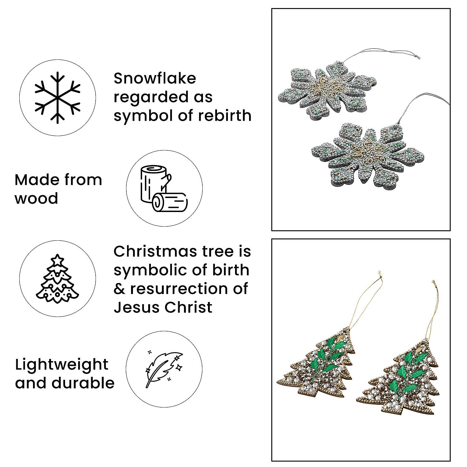 Set of 4 - Hanging Pair of Tree & Snowflake (Size 10 Cm) - Multi