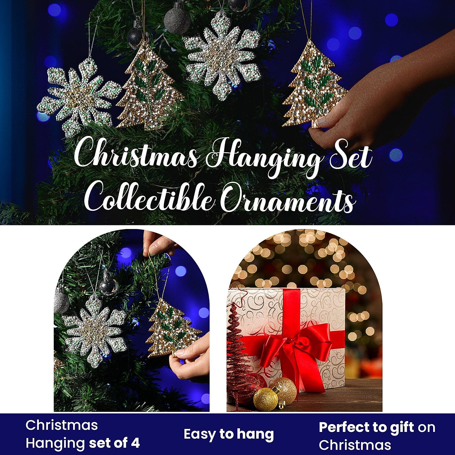 Set of 4 - Hanging Pair of Tree & Snowflake (Size 10 Cm) - Multi