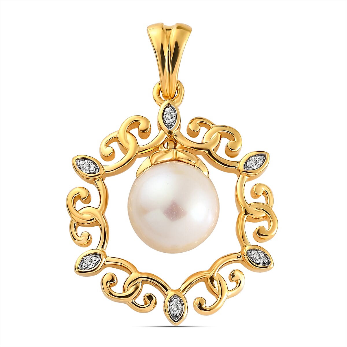 Fresh Water Pearl and Natural Zircon Pendant in Yellow Gold Tone