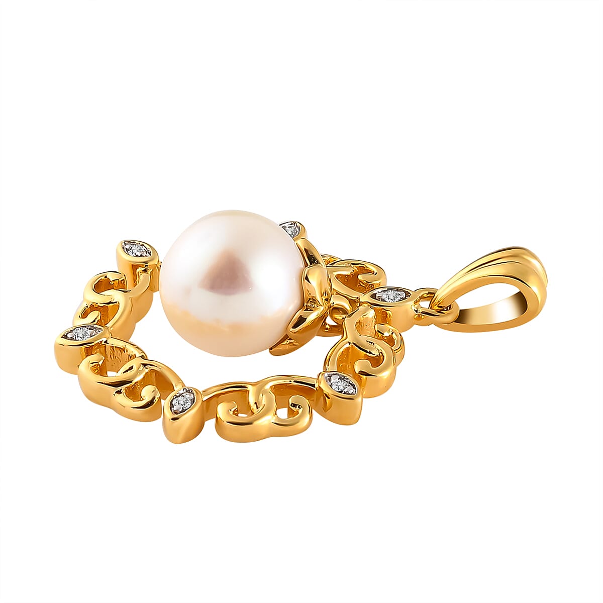 Fresh Water Pearl and Natural Zircon Pendant in Yellow Gold Tone