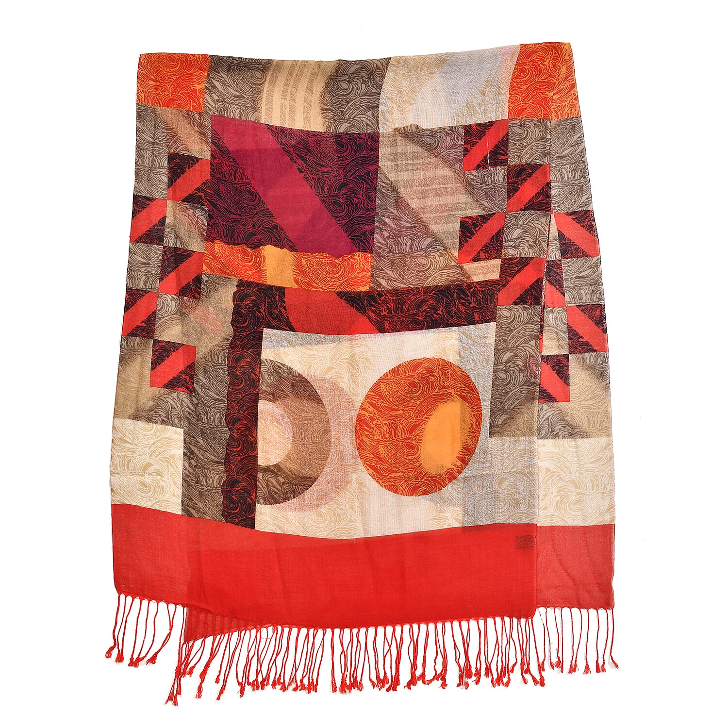 LA MAREY 100% Merino Woollen Geometric Pattern Scarf (Size 175x66x9 Cm) - Red & Multi