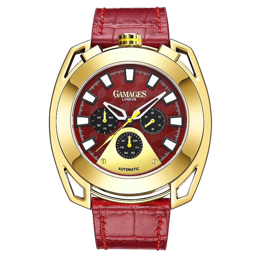 GAMAGES OF LONDON Limited Edition Hand Assembled Stature Automatic Movement Watch with Red Leather Strap and 45 mm Case