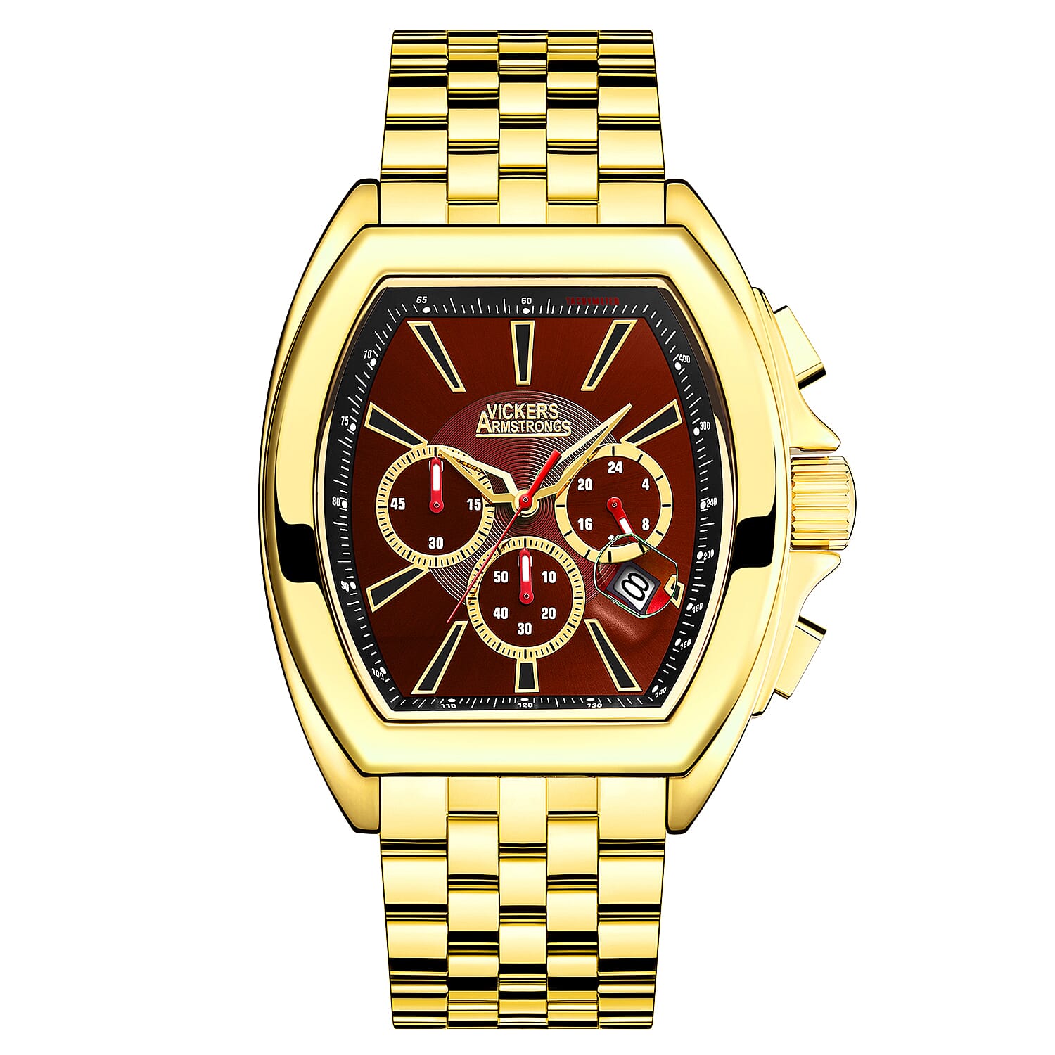 VICKERS ARMSTRONGS Limited Edition Hand Assembled Atmosphere Chronograph Movement Red Dial Water Resistant Watch with Yellow Gold Colour Chain Strap