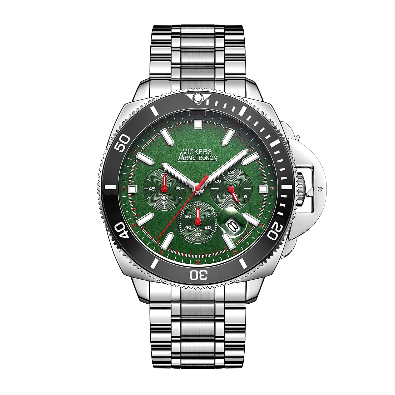 VICKERS ARMSTRONGS Limited Edition Hand Assembled Geosphere Chronograph Movement Green Dial Water Resistant Watch with Silver Colour Chain Strap