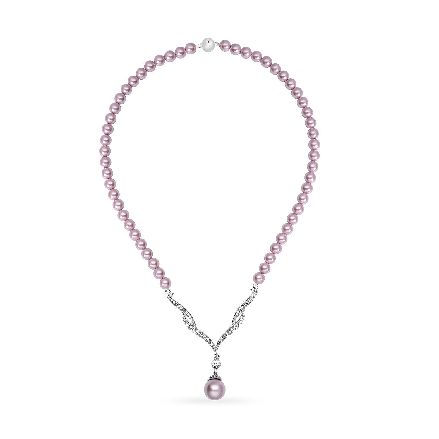 Lavender Colour Shell Pearl and White Austrian Crystal Necklace (Size 20.5) in Silver Tone