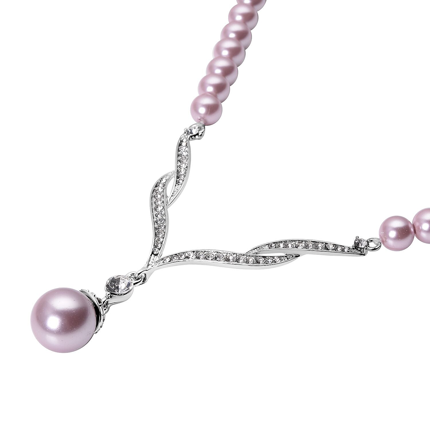 Lavender Colour Shell Pearl and White Austrian Crystal Necklace (Size 20.5) in Silver Tone