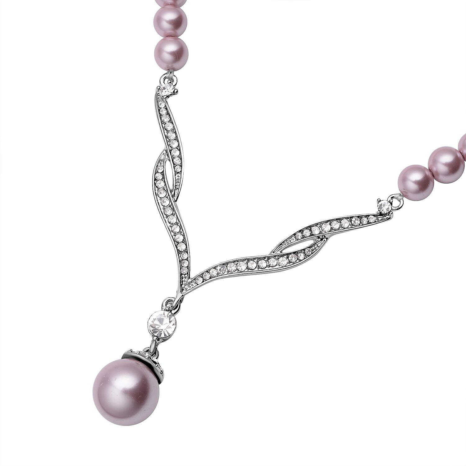 Lavender Colour Shell Pearl and White Austrian Crystal Necklace (Size 20.5) in Silver Tone