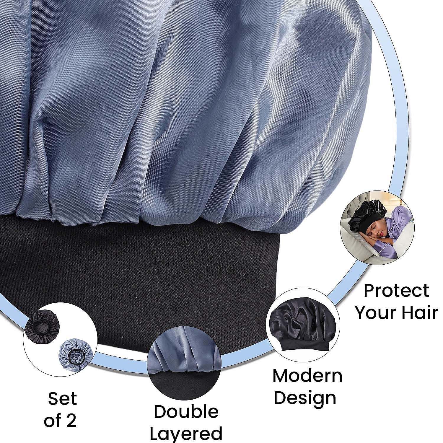 Set of 2 Double Layered Sleeping Caps Hair Bonnets (Size 21Dia Cm) - Black & Silver