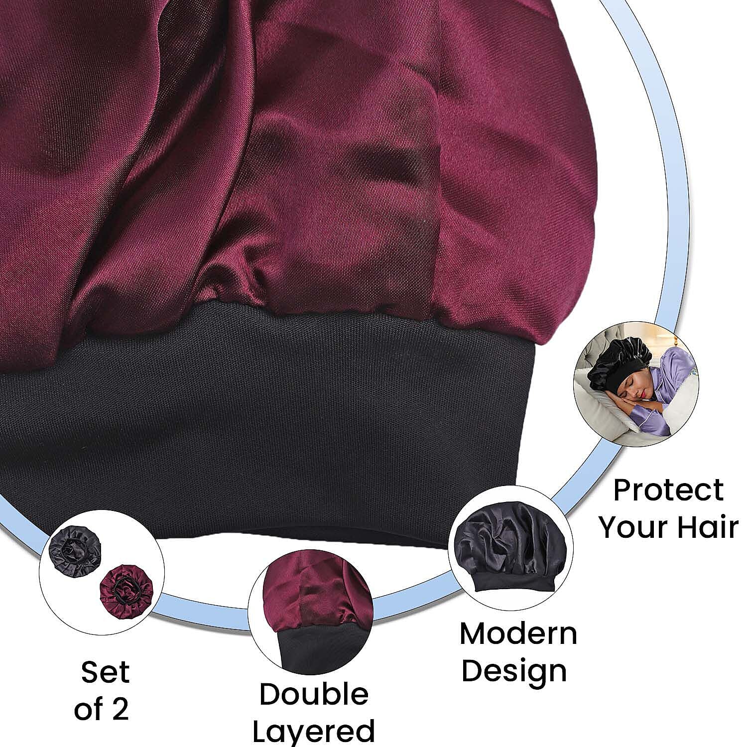 Set of 2 Double Layered Beauty Hair Bonnets (Size 21 Dia Cm) - Black & Silver