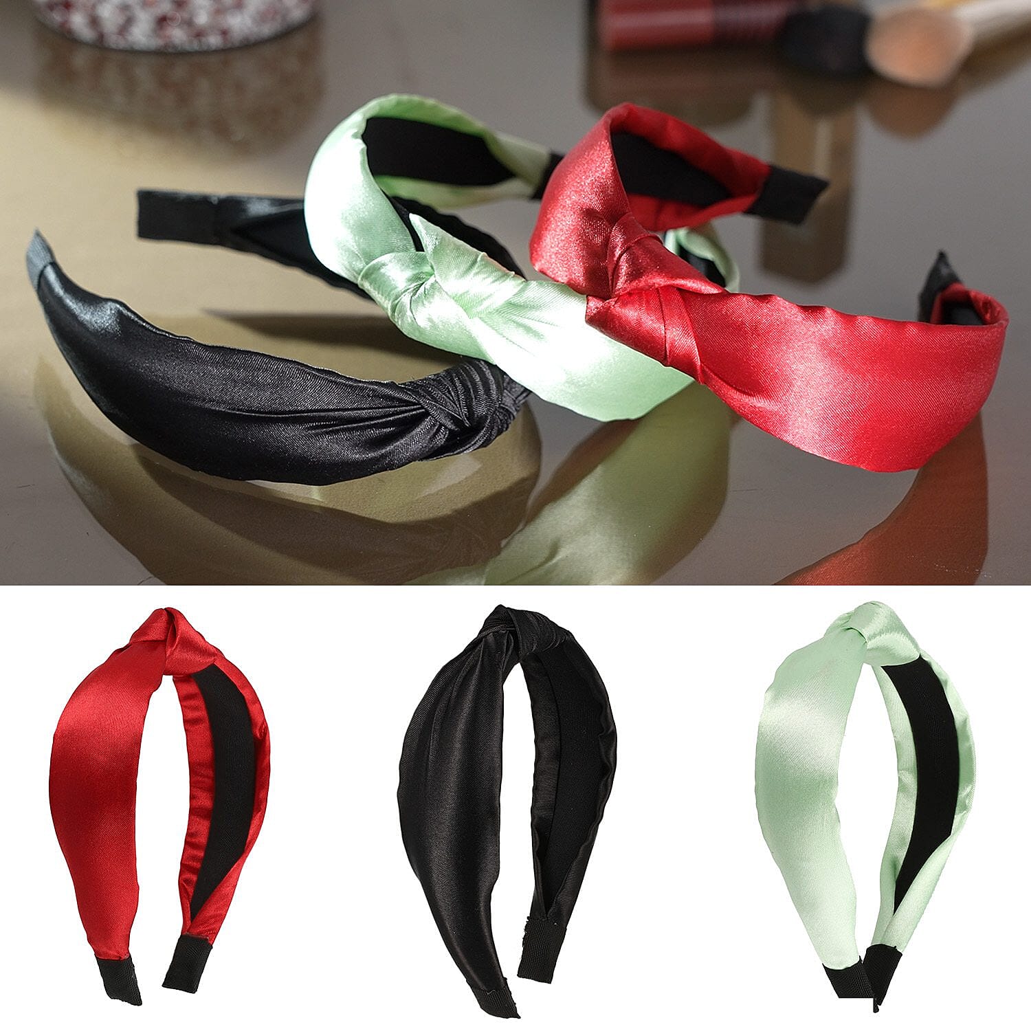 Set of 3 - Knot Headbands (Size 11x4 Cm) - Mint Green, Wine & Black