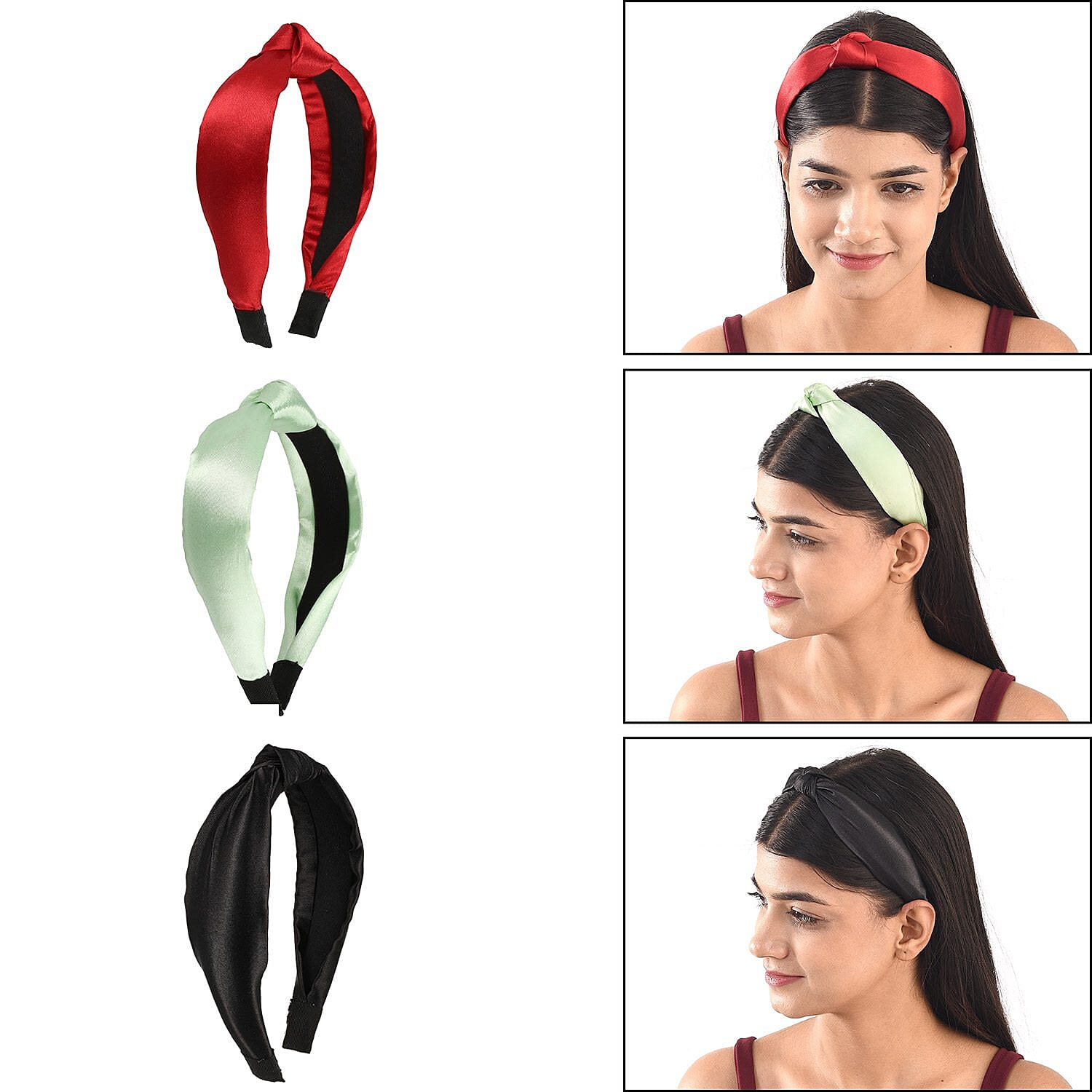 Set of 3 - Knot Headbands (Size 11x4 Cm) - Mint Green, Wine & Black