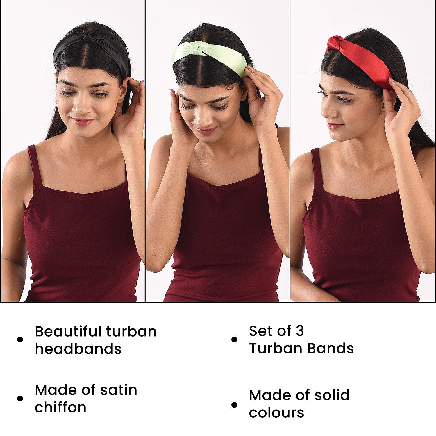 Set of 3 - Knot Headbands (Size 11x4 Cm) - Mint Green, Wine & Black