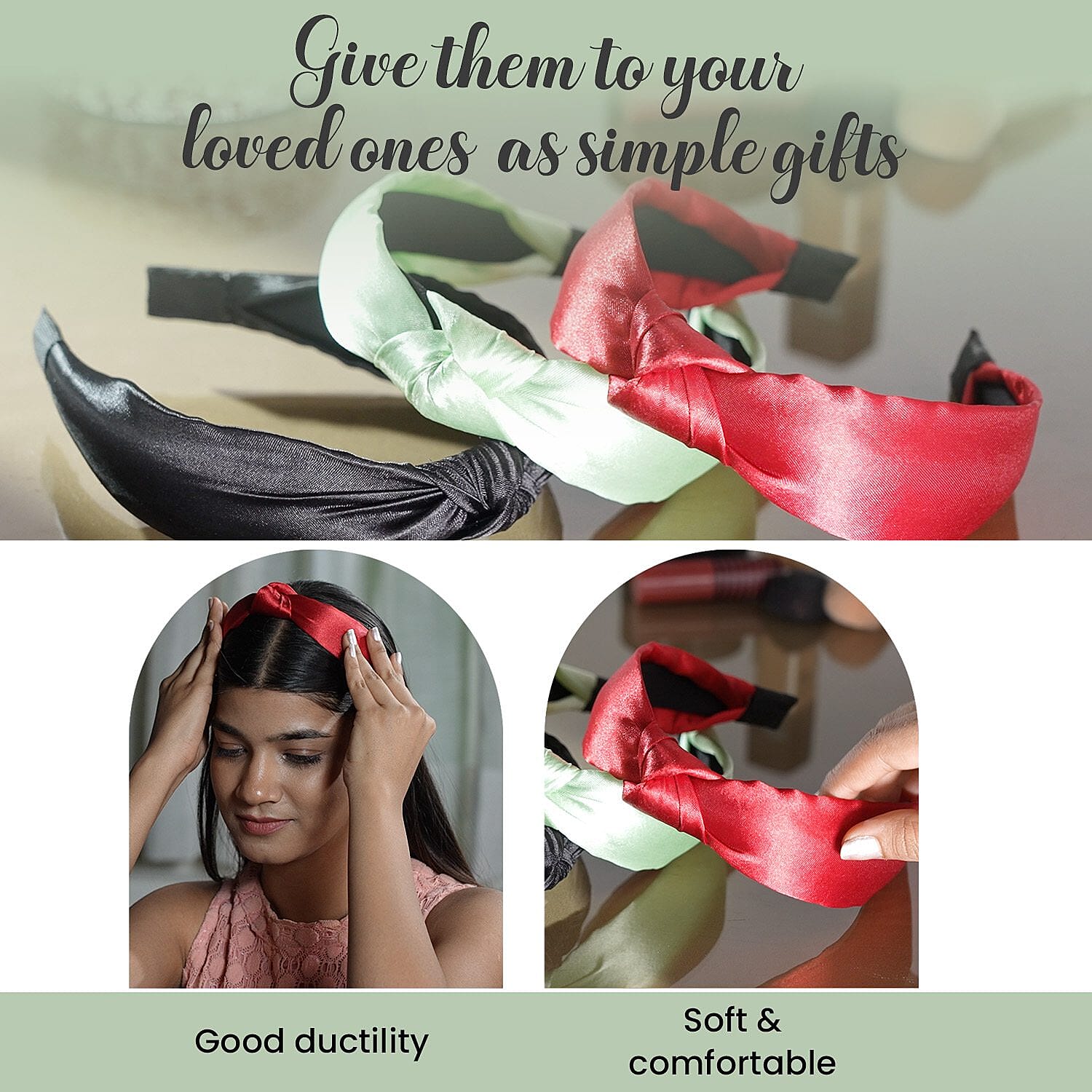 Set of 3 - Knot Headbands (Size 11x4 Cm) - Mint Green, Wine & Black