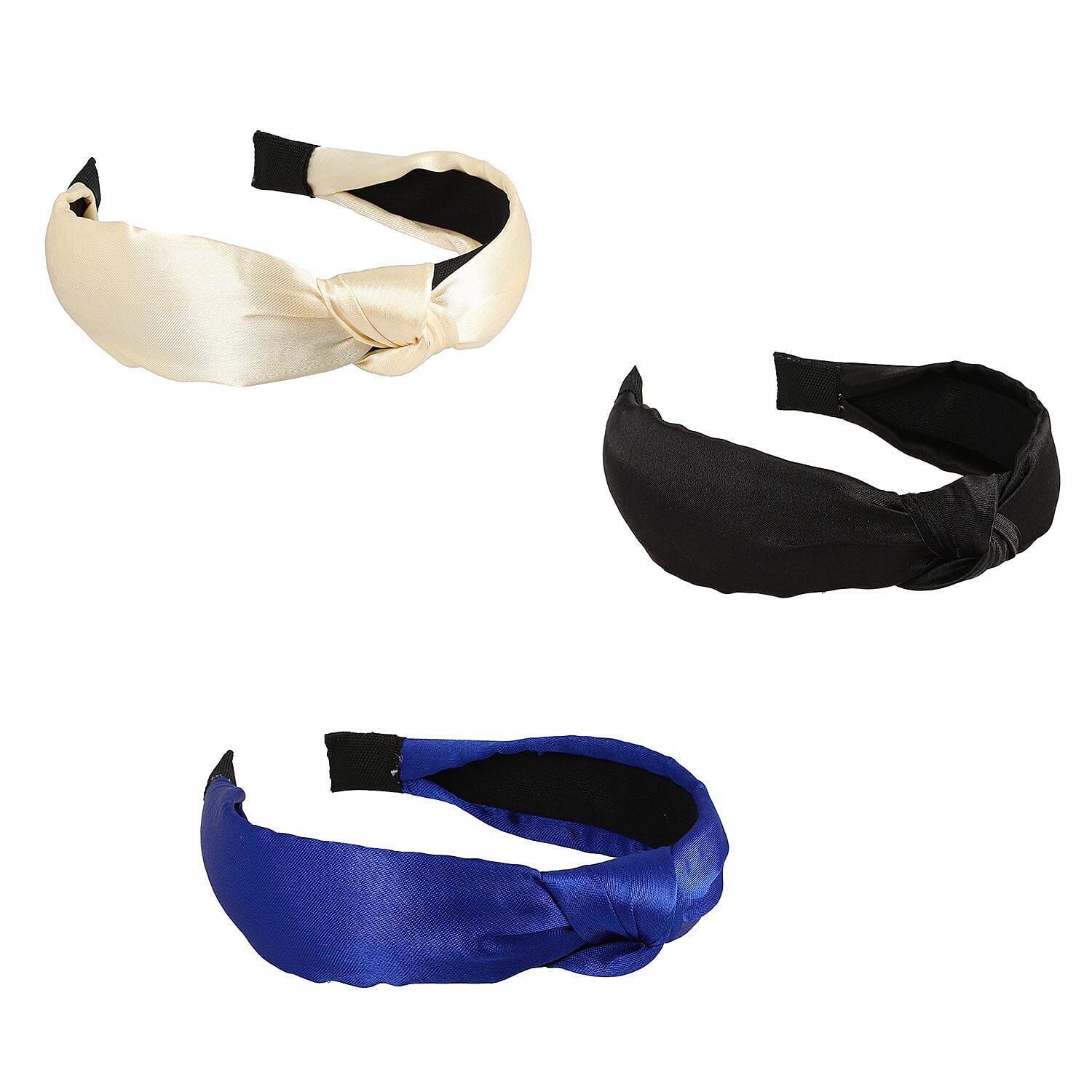 Set of 3 - Retro Satin Cross Headbands (Size 15x11 Cm) - Ivory, Black & Royal Blue
