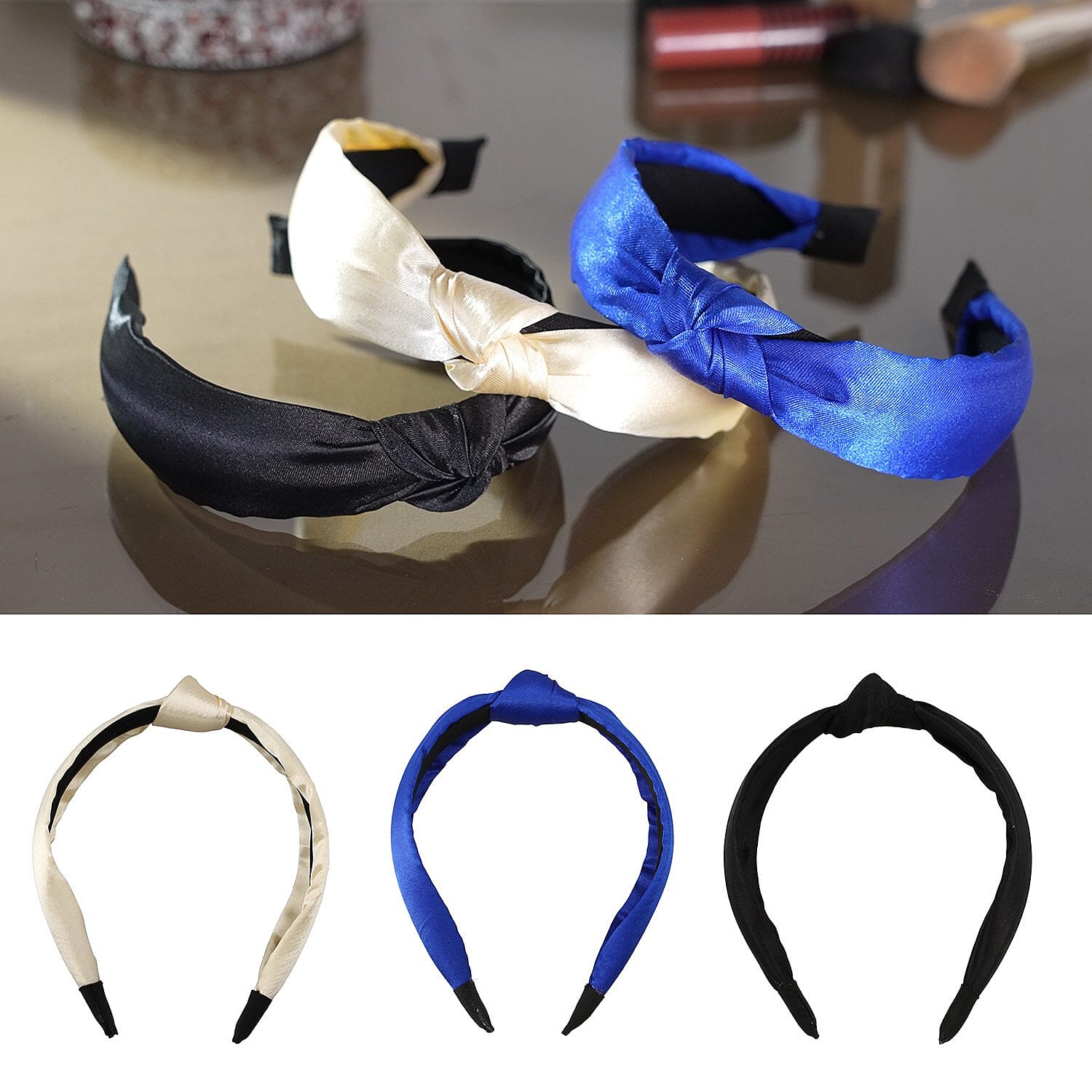 Set of 3 - Retro Satin Cross Headbands (Size 15x11 Cm) - Ivory, Black & Royal Blue