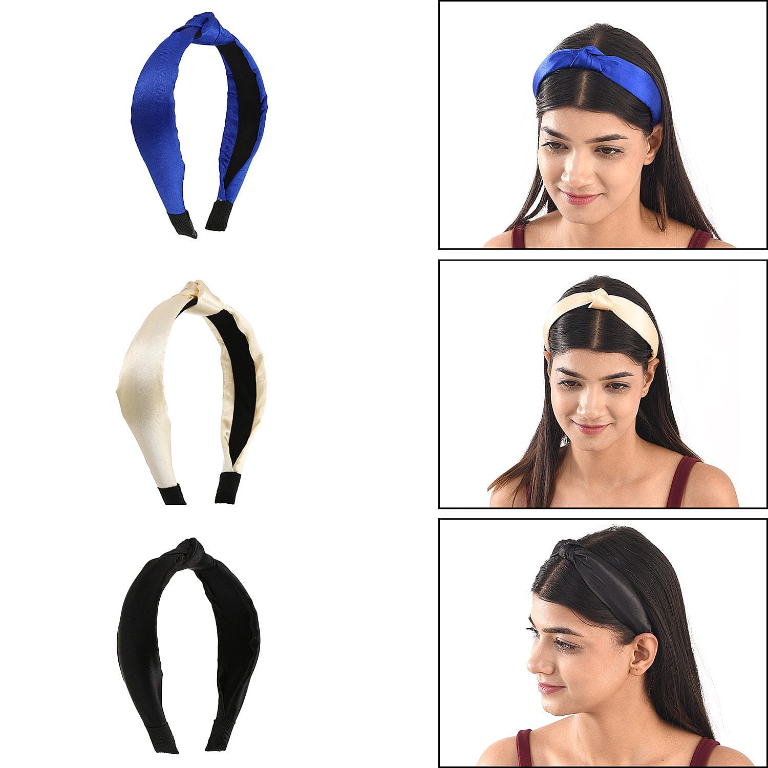 Set of 3 - Retro Satin Cross Headbands (Size 15x11 Cm) - Ivory, Black & Royal Blue