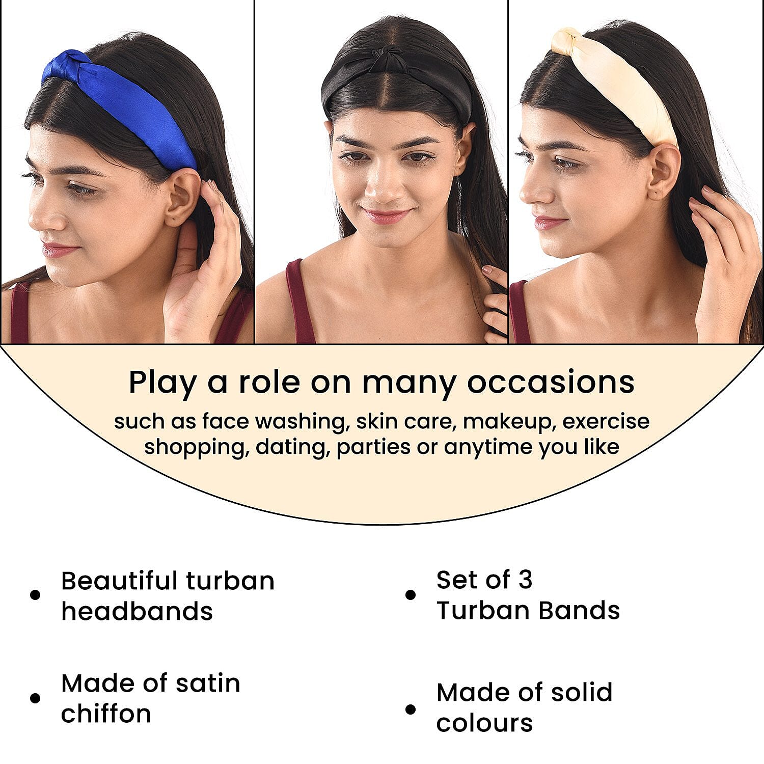 Set of 3 - Retro Satin Cross Headbands (Size 15x11 Cm) - Ivory, Black & Royal Blue