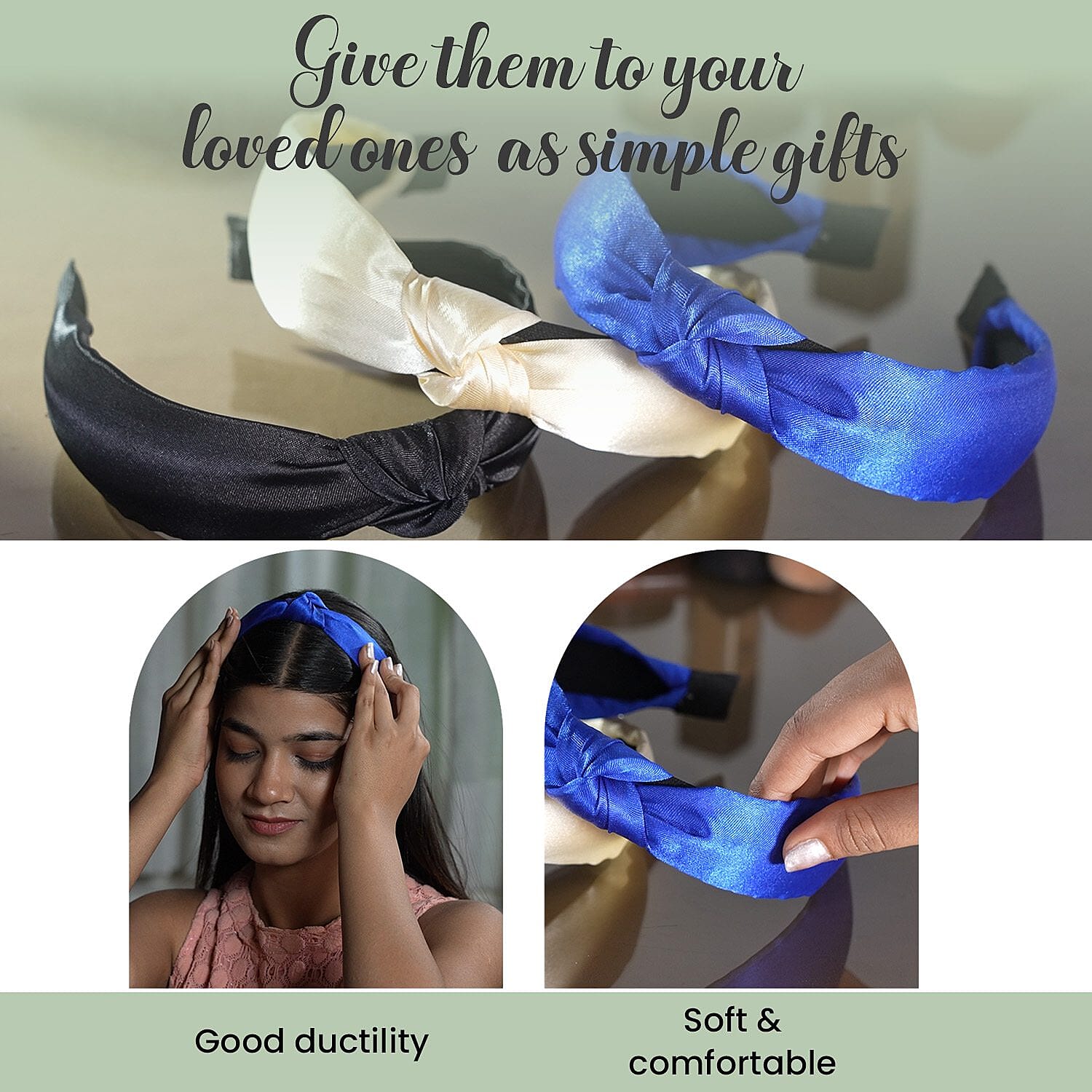 Set of 3 - Retro Satin Cross Headbands (Size 15x11 Cm) - Ivory, Black & Royal Blue