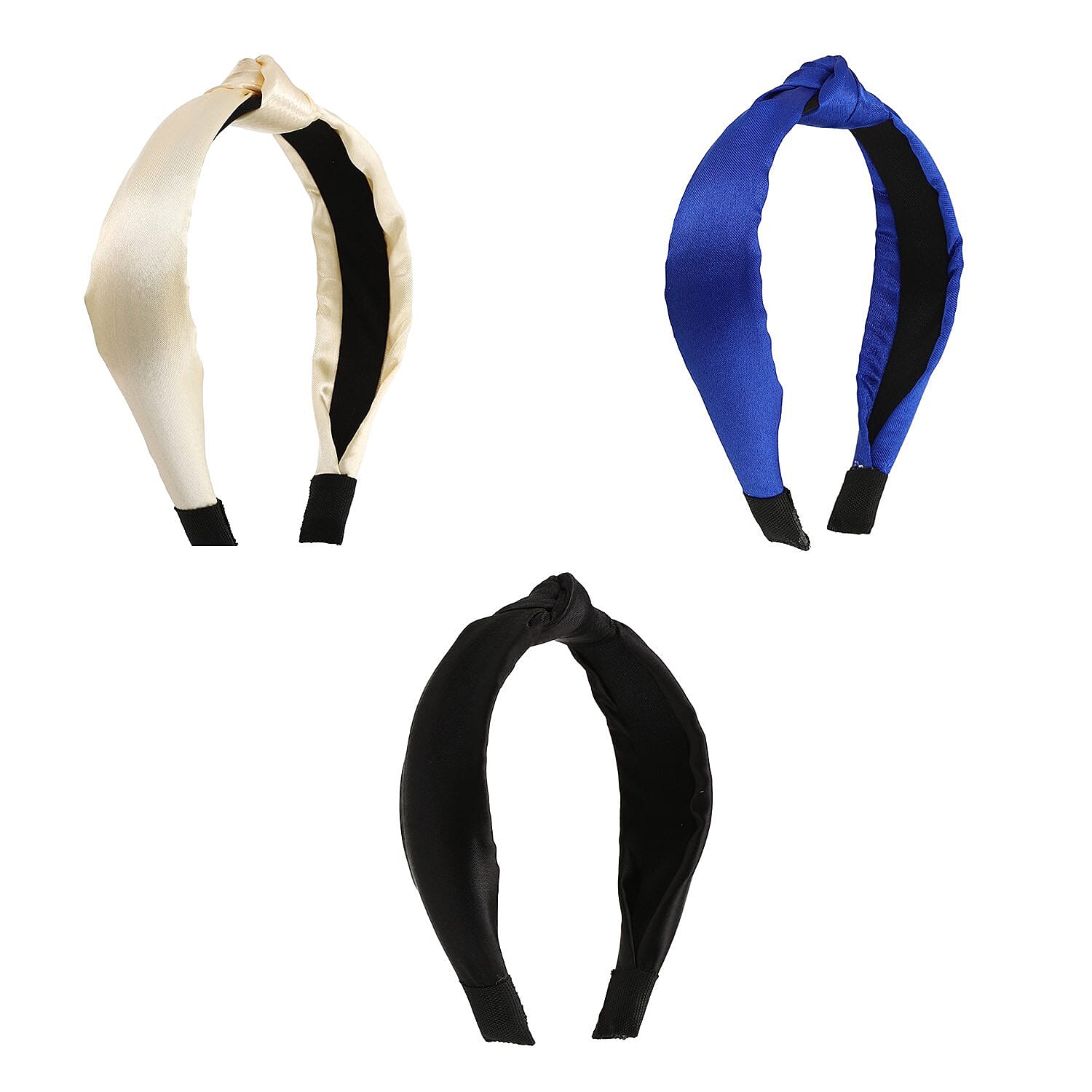 Set of 3 - Retro Satin Cross Headbands (Size 15x11 Cm) - Ivory, Black & Royal Blue