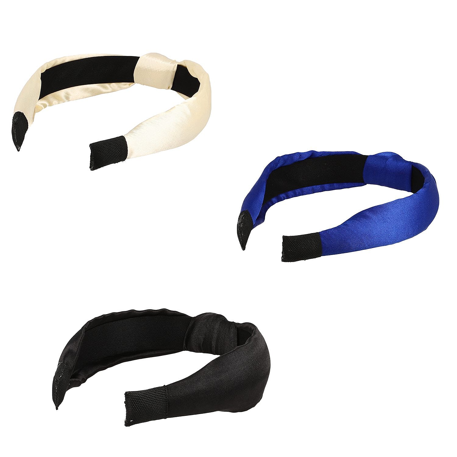 Set of 3 - Retro Satin Cross Headbands (Size 15x11 Cm) - Ivory, Black & Royal Blue