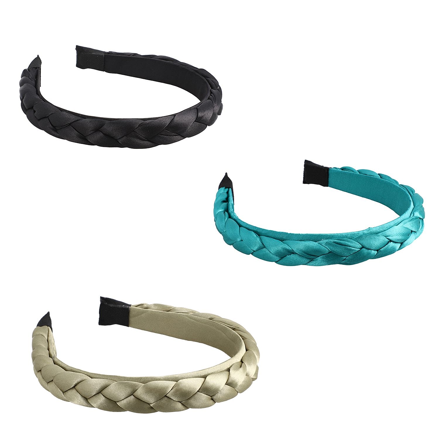 Set of 3 - Satin Braided Headbands (Size 15x11 cm) - Olive, Teal & Black