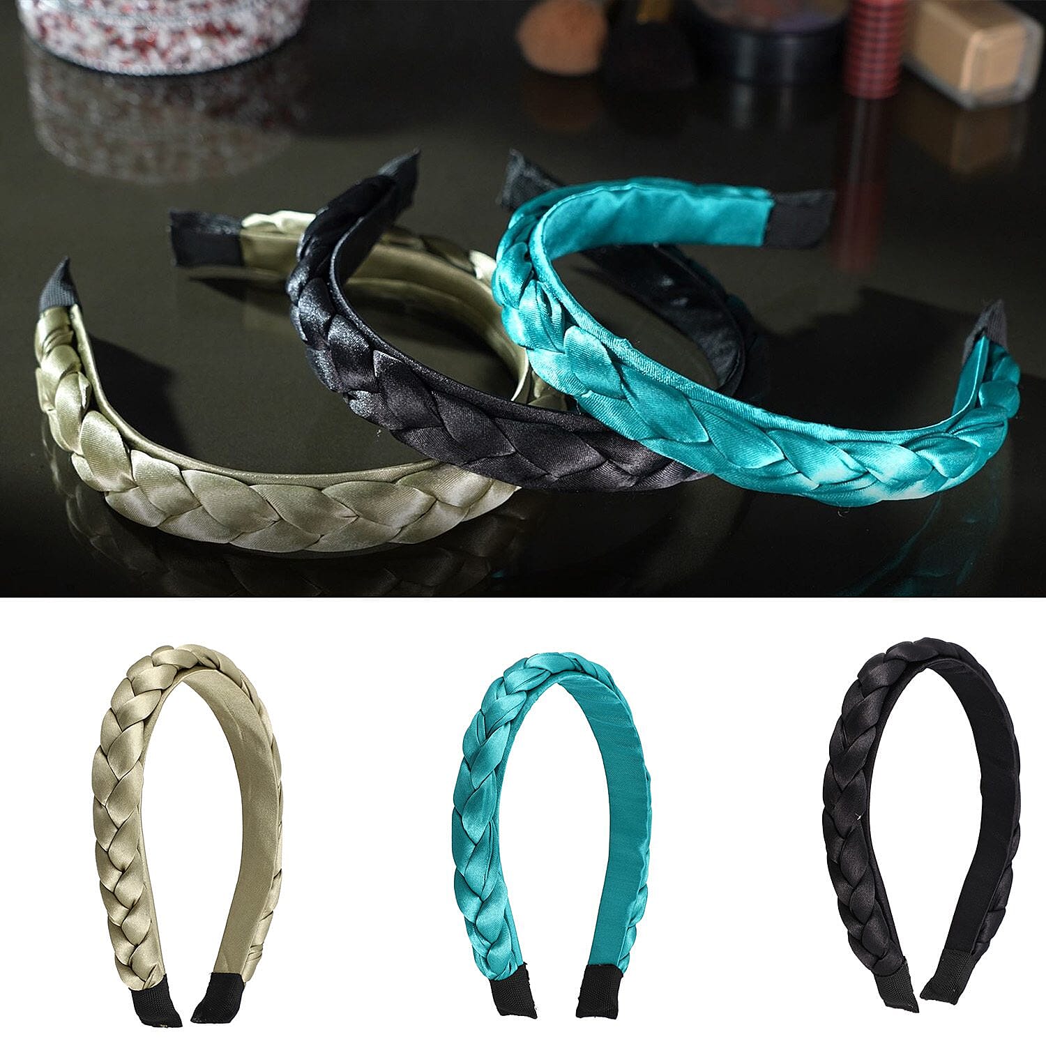 Set of 3 - Satin Braided Headbands (Size 15x11 cm) - Olive, Teal & Black