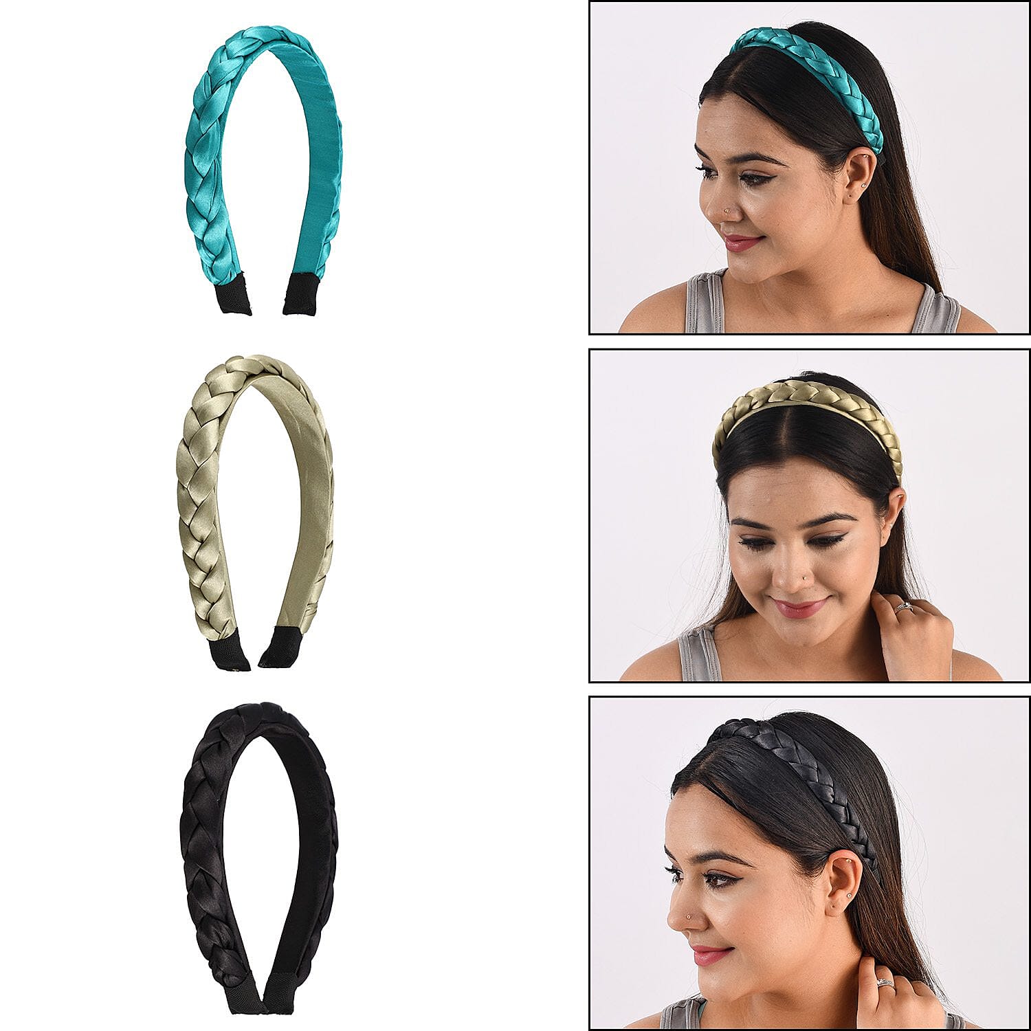 Set of 3 - Satin Braided Headbands (Size 15x11 cm) - Olive, Teal & Black