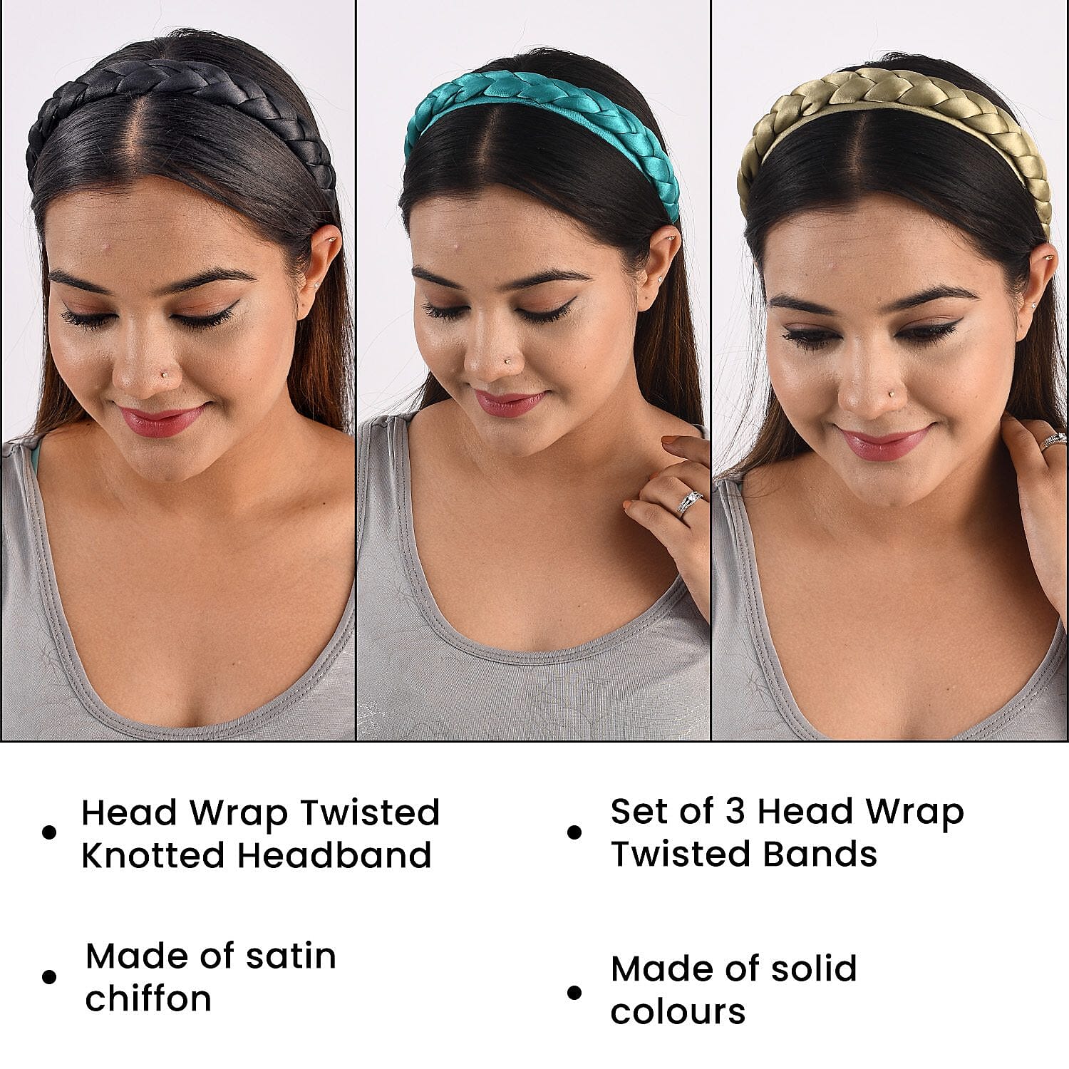 Set of 3 - Satin Braided Headbands (Size 15x11 cm) - Olive, Teal & Black