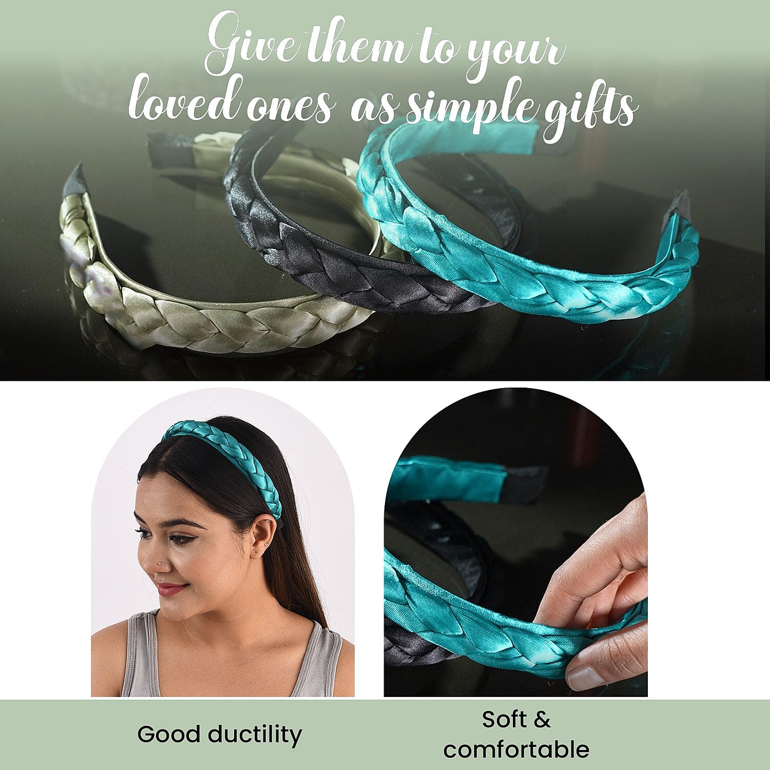 Set of 3 - Satin Braided Headbands (Size 15x11 cm) - Olive, Teal & Black