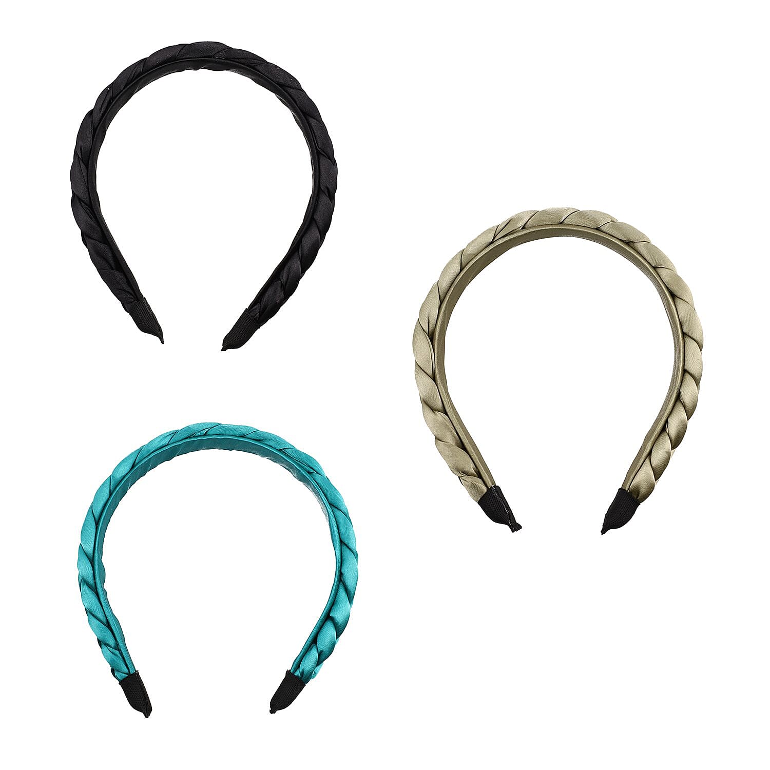 Set of 3 - Satin Braided Headbands (Size 15x11 cm) - Olive, Teal & Black