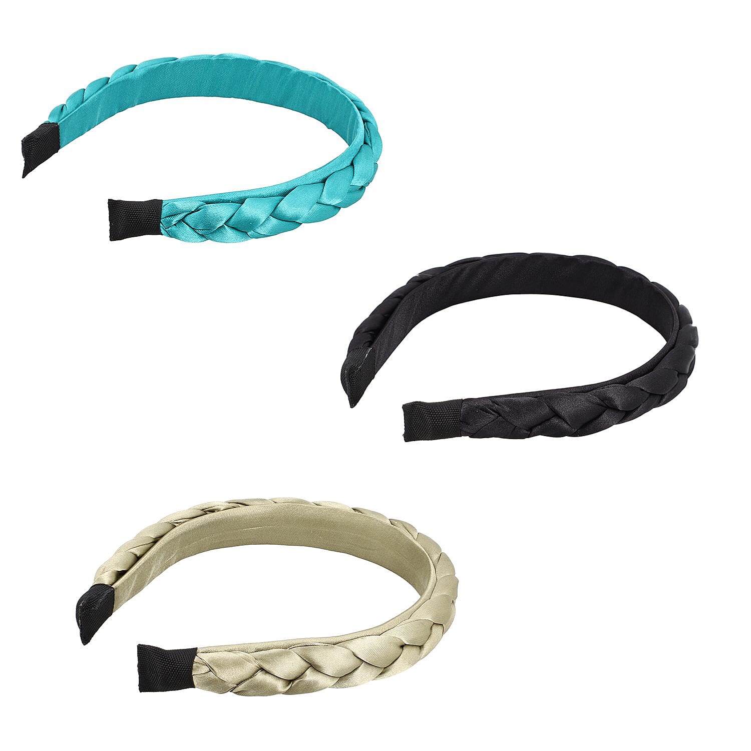 Set of 3 - Satin Braided Headbands (Size 15x11 cm) - Olive, Teal & Black