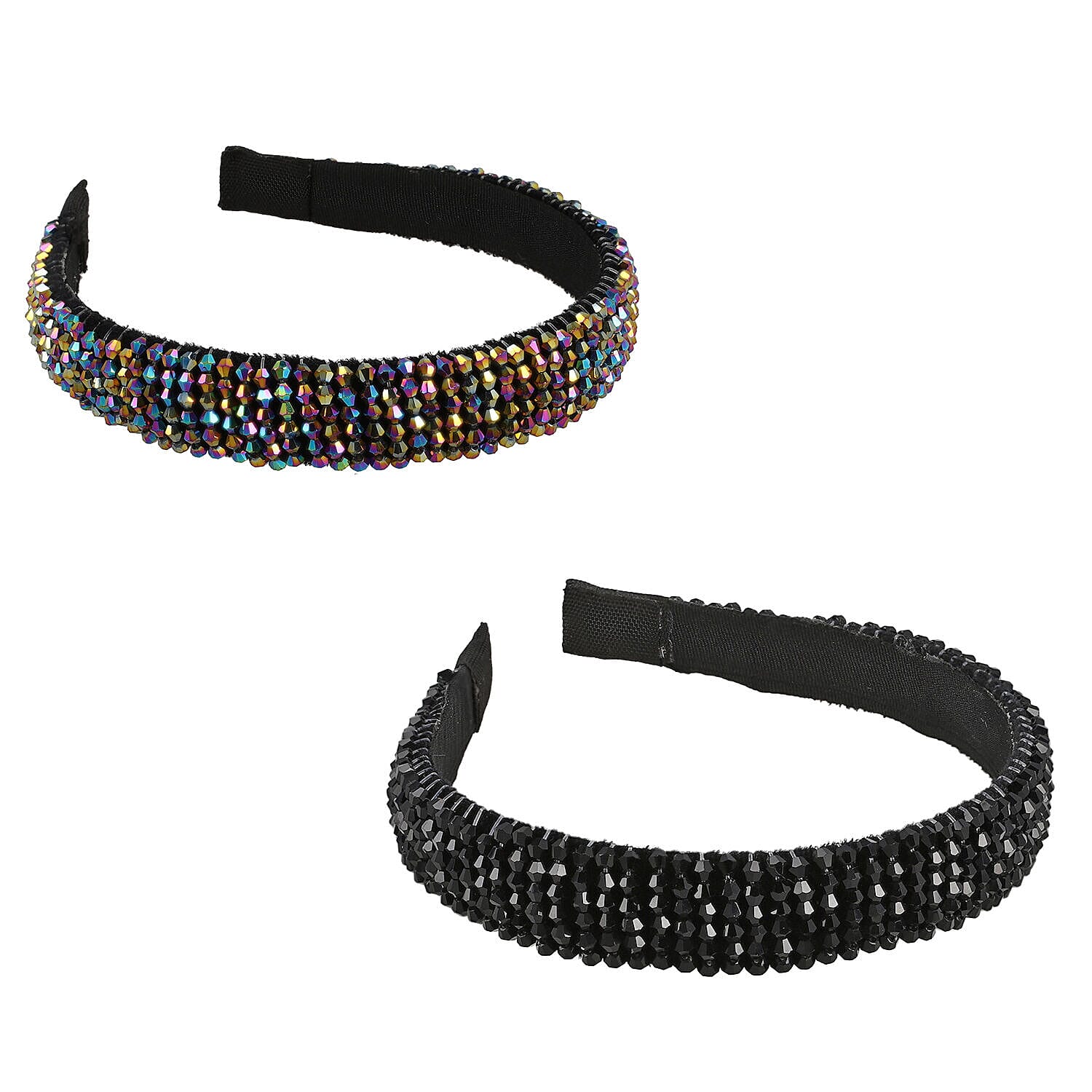Set of 2 - Crystal Studded Full Covered Headbands (Size 11x4 Cm) -Charcoal & Black