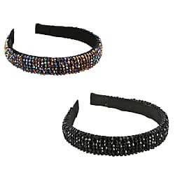 Set of 2 - Crystal Studded Full Covered Headbands (Size 11x4 Cm) -Charcoal & Black