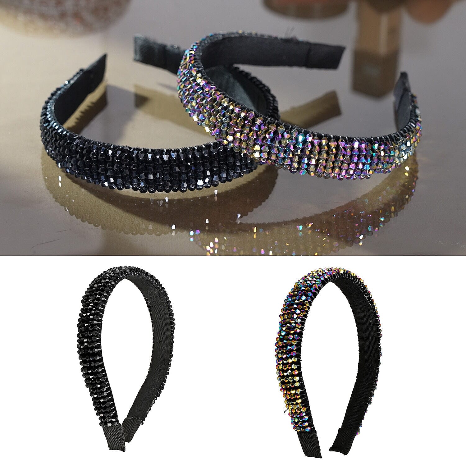 Set of 2 - Crystal Studded Full Covered Headbands (Size 11x4 Cm) -Charcoal & Black