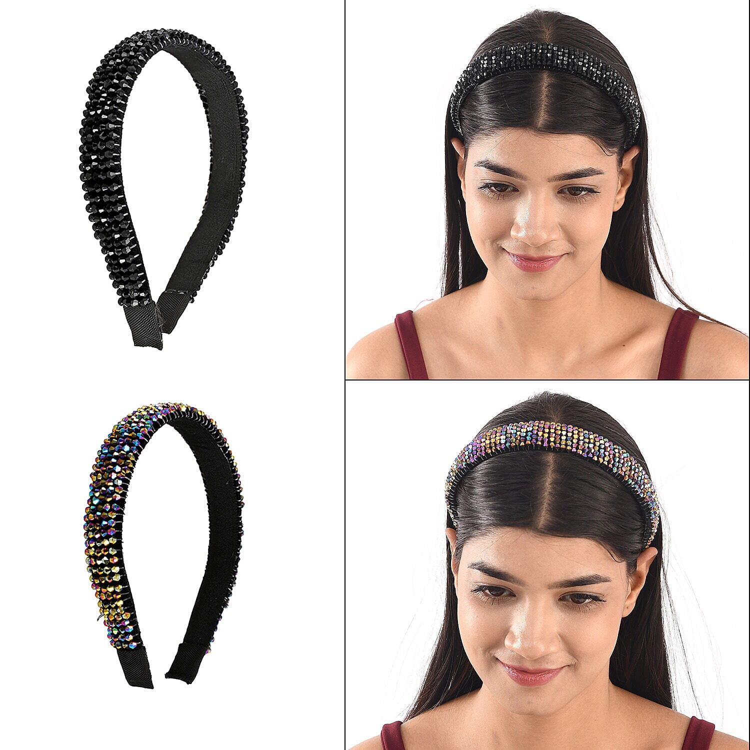 Set of 2 - Crystal Studded Full Covered Headbands (Size 11x4 Cm) -Charcoal & Black