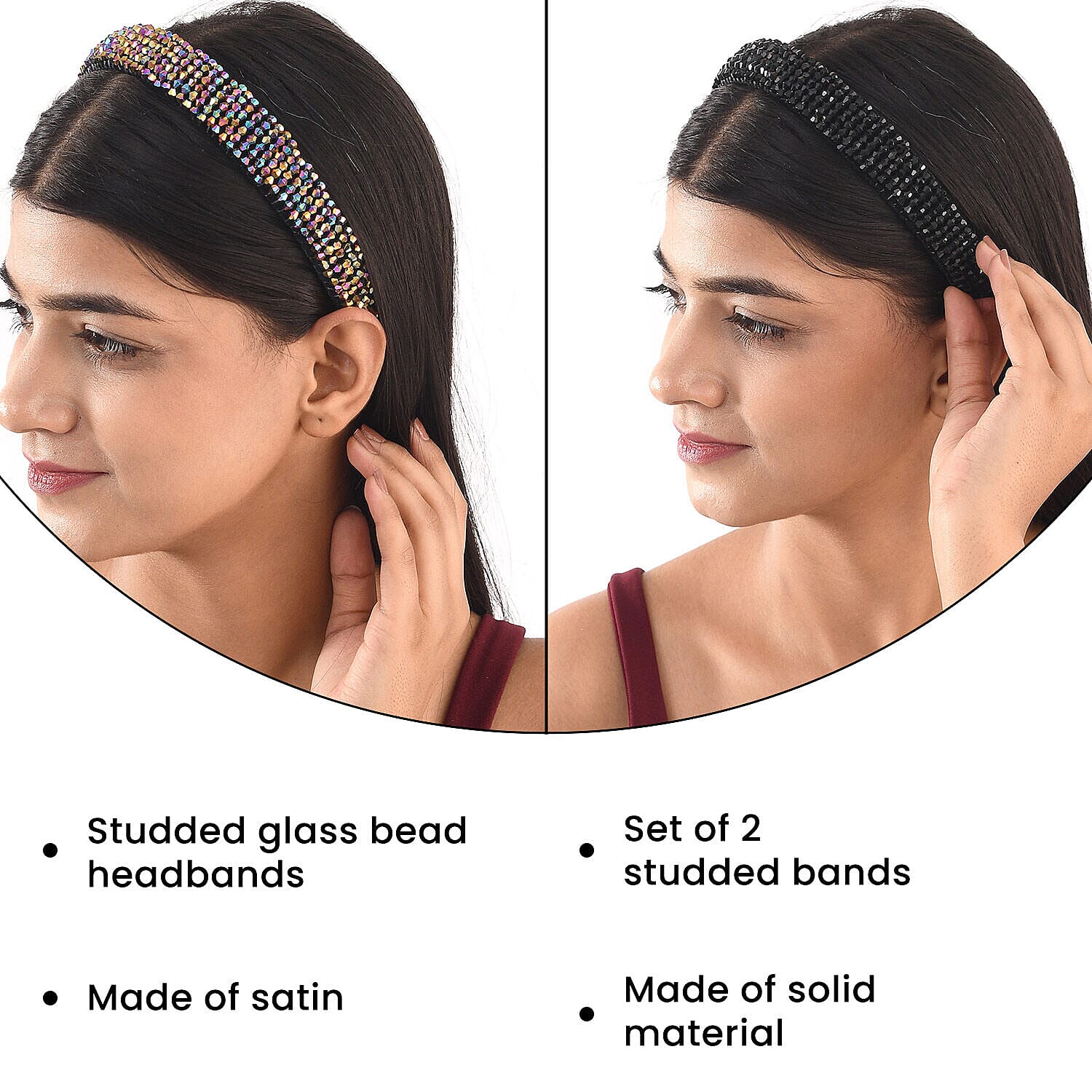 Set of 2 - Crystal Studded Full Covered Headbands (Size 11x4 Cm) -Charcoal & Black