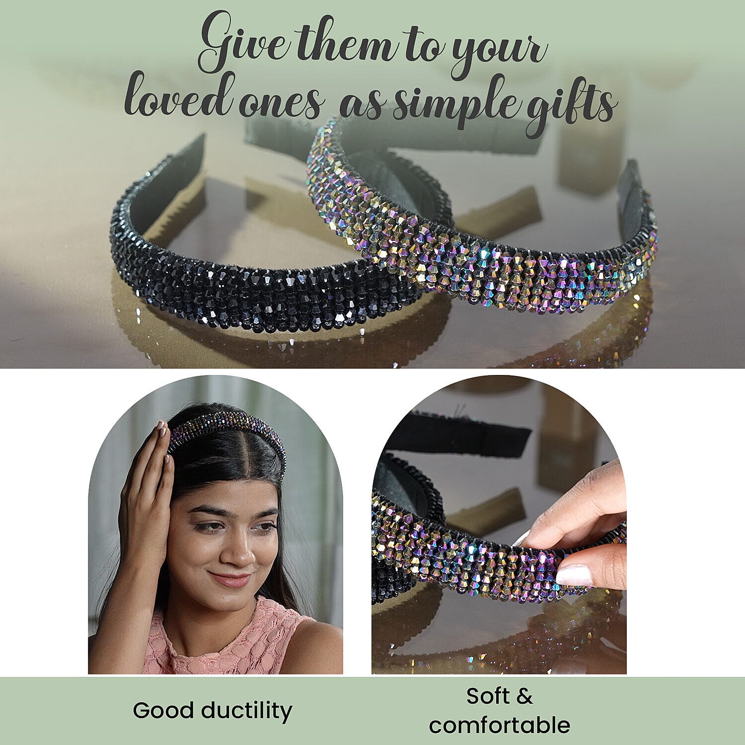 Set of 2 - Crystal Studded Full Covered Headbands (Size 11x4 Cm) -Charcoal & Black