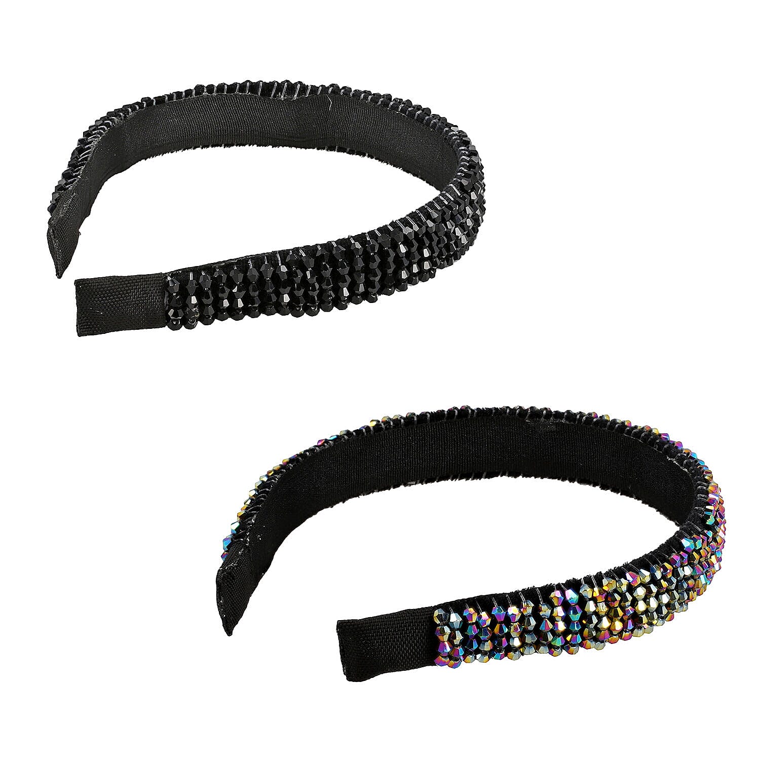 Set of 2 - Crystal Studded Full Covered Headbands (Size 11x4 Cm) -Charcoal & Black