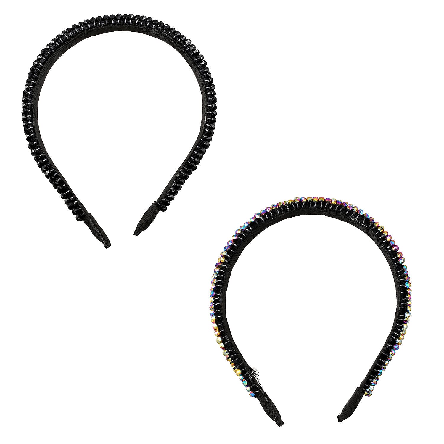 Set of 2 - Crystal Studded Full Covered Headbands (Size 11x4 Cm) -Charcoal & Black