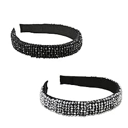 Set of 2 - Crystal Studded Full Covered Headbands (Size 11x4 Cm) -Charcoal & Black