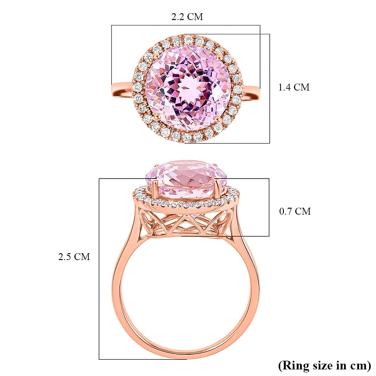 Certified and Appraised 14K Rose Gold AAA Martha Rocha Kunzite and Diamond I1 Solitaire Ring Gold 3.27 grams, 6.80 Ct
