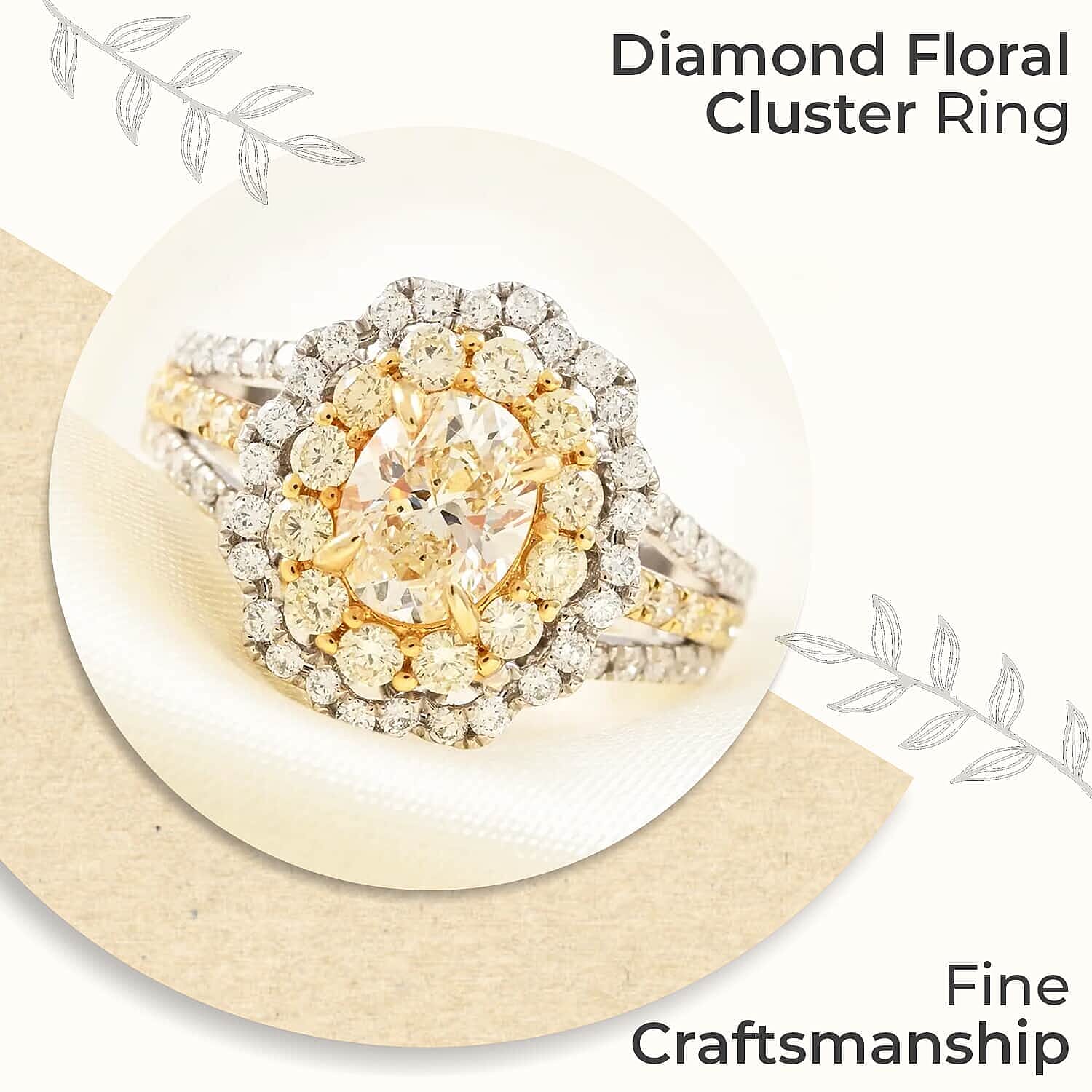MODANI 18K Yellow & White Gold  Natural Yellow Diamond & White Diamond Ring 2.13 Ct, Gold Wt. 6.6 Gms(Resizable 2 up-down).