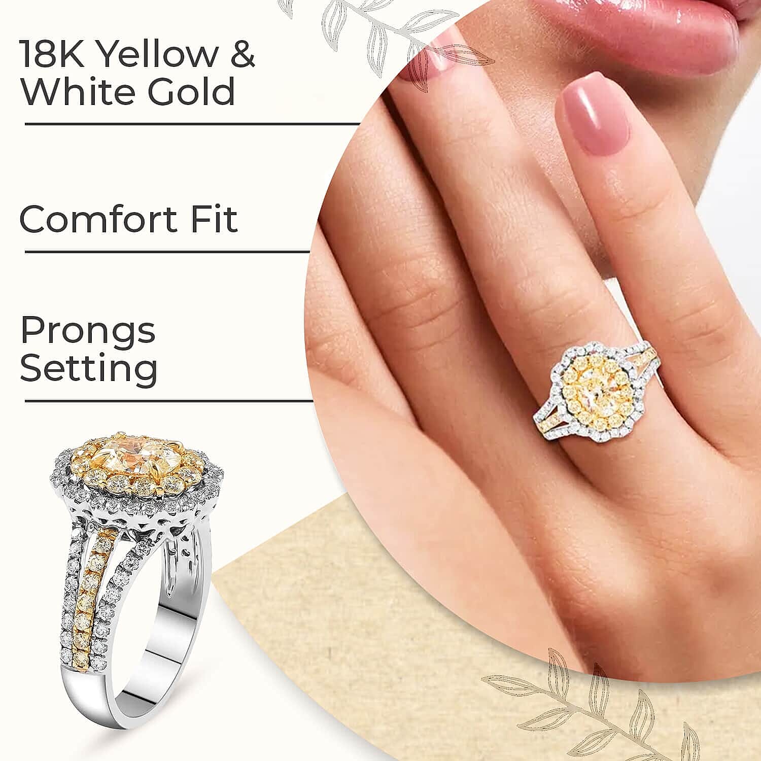 MODANI 18K Yellow & White Gold  Natural Yellow Diamond & White Diamond Ring 2.13 Ct, Gold Wt. 6.6 Gms(Resizable 2 up-down).