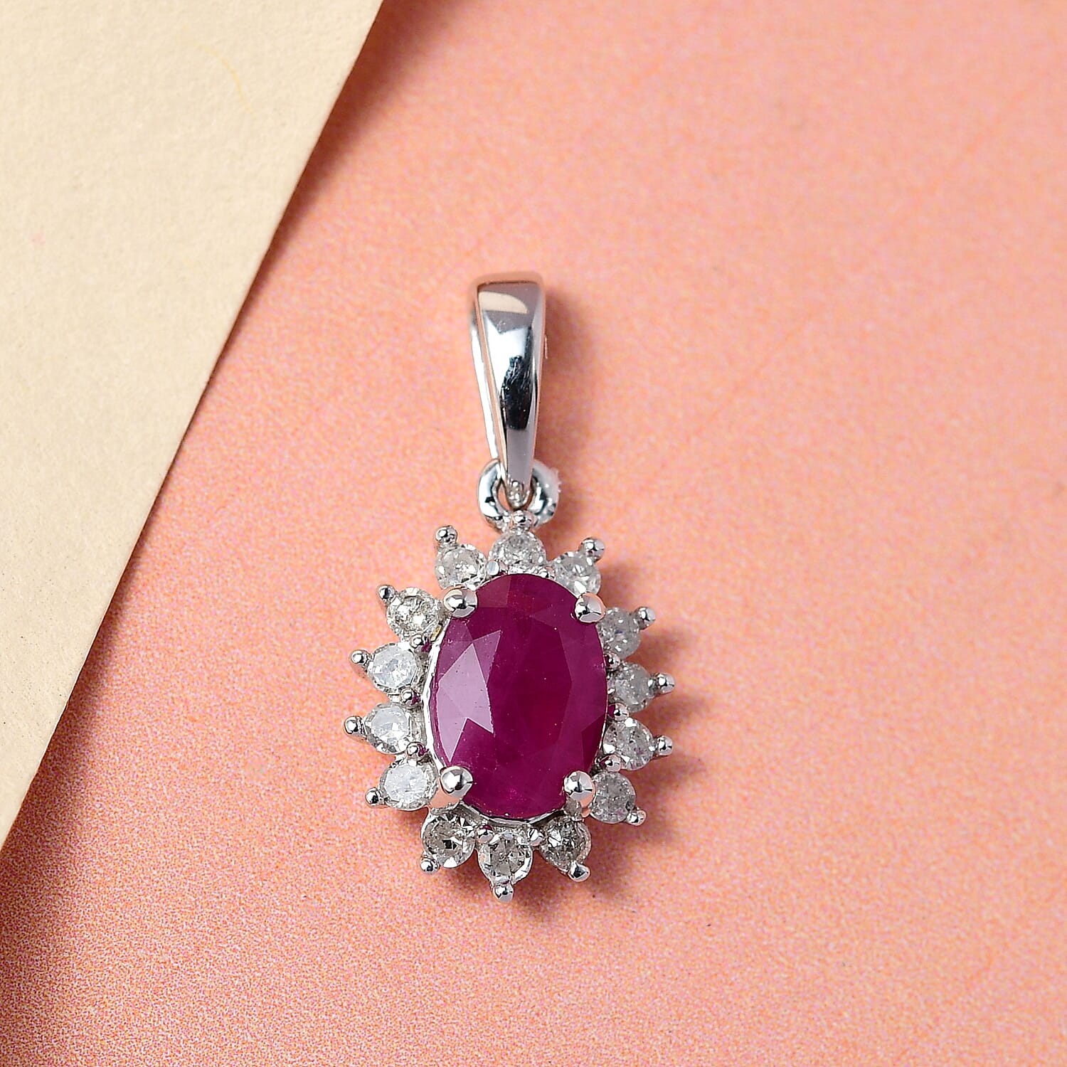 9K White Gold Ruby and Diamond (I3-G-H) Pendant 1.09 Ct.