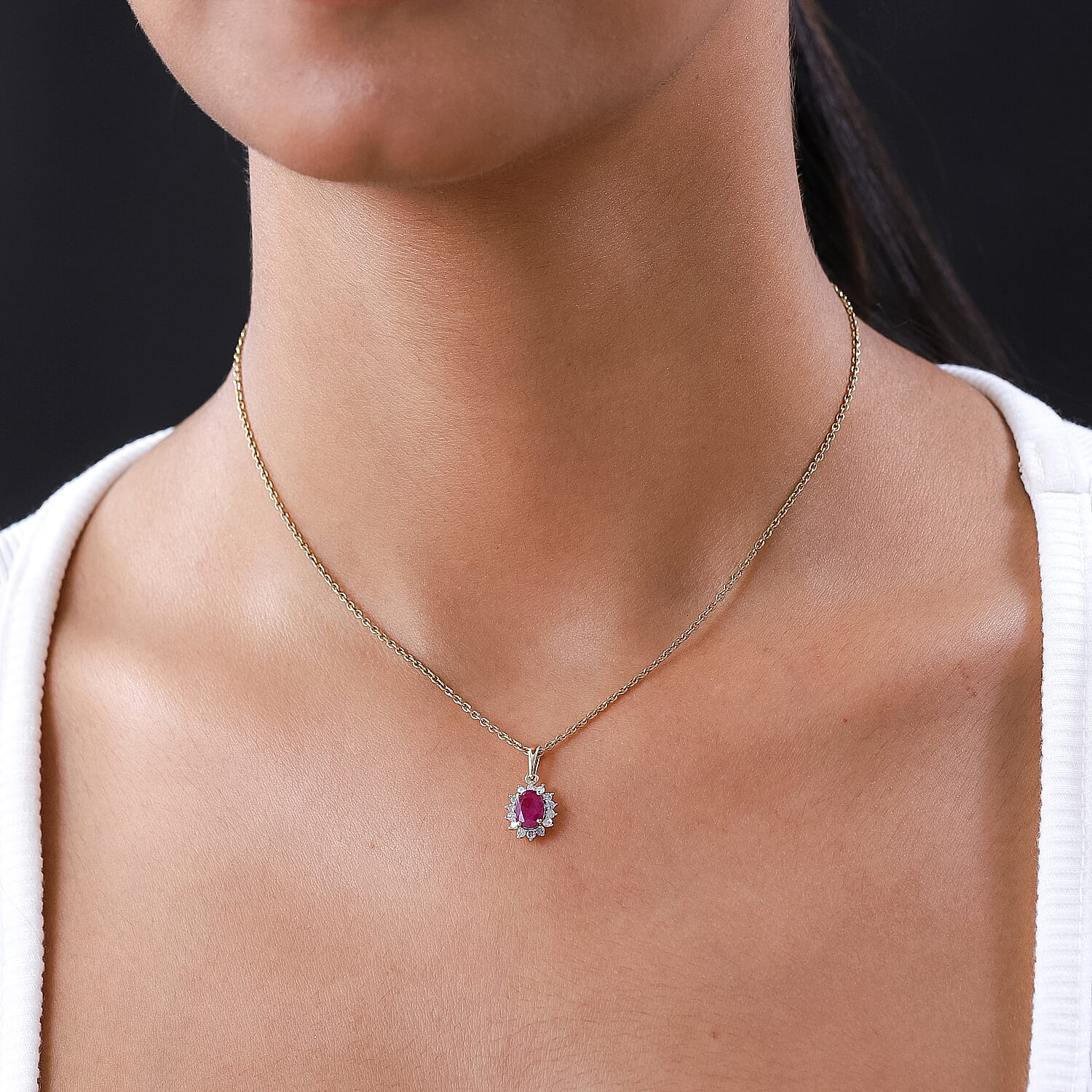 9K Yellow Gold Ruby and Diamond (I3-G-H) Pendant 1.12 Ct.